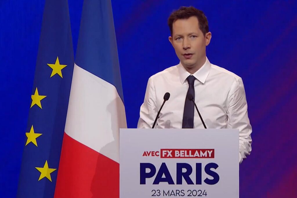 François-Xavier Bellamy en meeting à Paris, le 23 mars 2024 - Crédits : compte X @fxbellamy (capture d'écran)