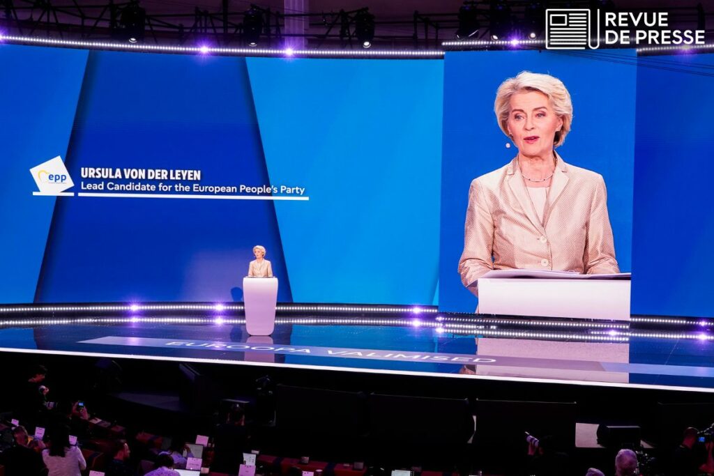 La cheffe de file du Parti populaire européen (PPE), Ursula von der Leyen, lors de la soirée spéciale consacrée aux élections européennes à Bruxelles dimanche 9 juin - Crédits : Parlement européen